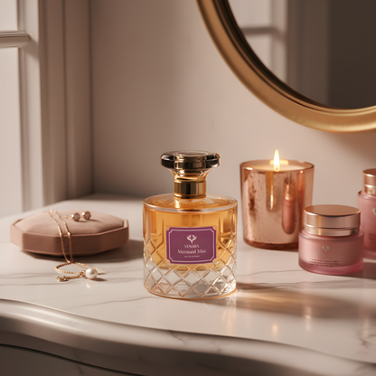 Mermaid Mist perfume styled on a vanity or evening setup with soft lighting for a luxurious feminine mood.