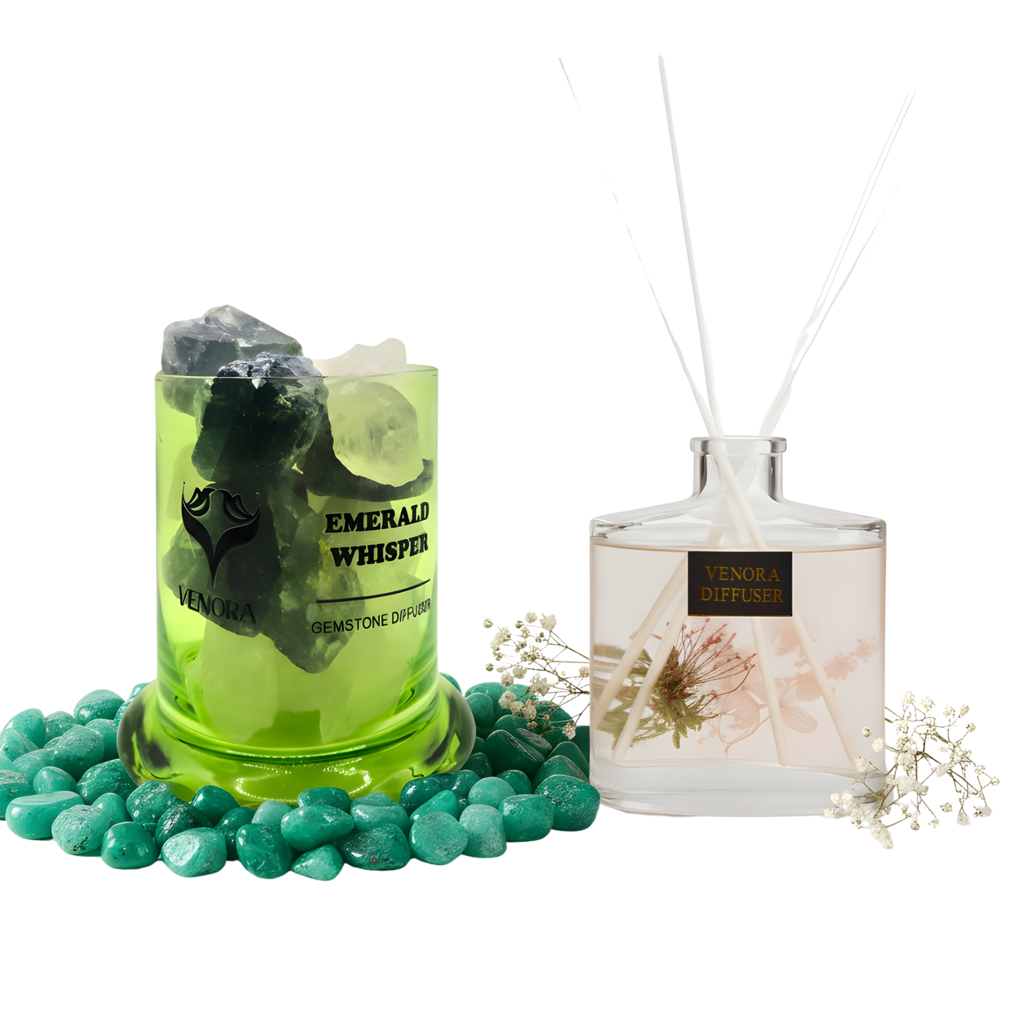 Venora Mystic Forest Gift Set featuring the Emerald Whisper crystal diffuser and Secret Garden reed diffuser on a clean white background.