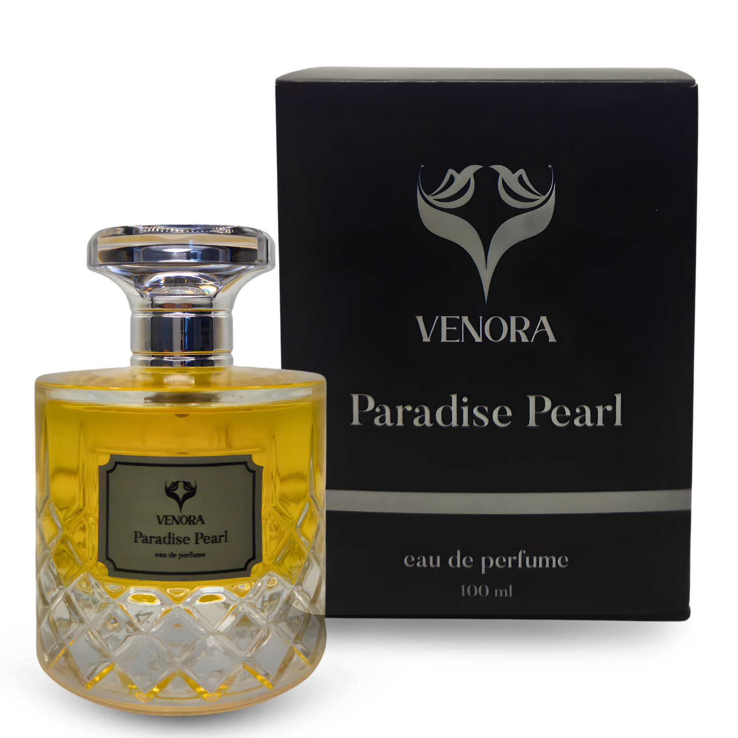 Close-up of Paradise Pearl perfume bottle showing label details and glass reflections in soft dramatic lighting.