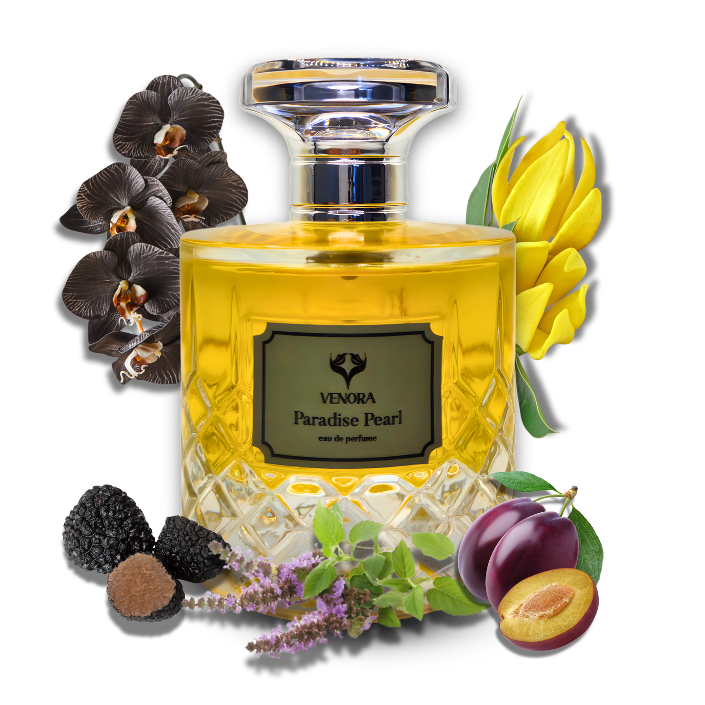 Paradise Pearl perfume bottle styled with truffle, plum, orchid petals, and rum elements representing its fragrance notes.