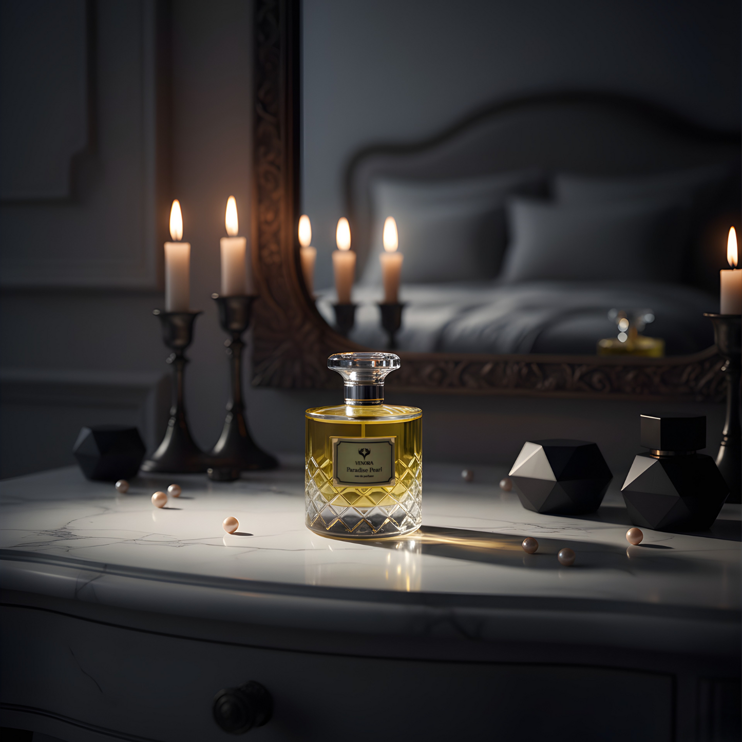 Paradise Pearl perfume styled on a nightstand or vanity with moody evening lighting for a luxurious unisex atmosphere.