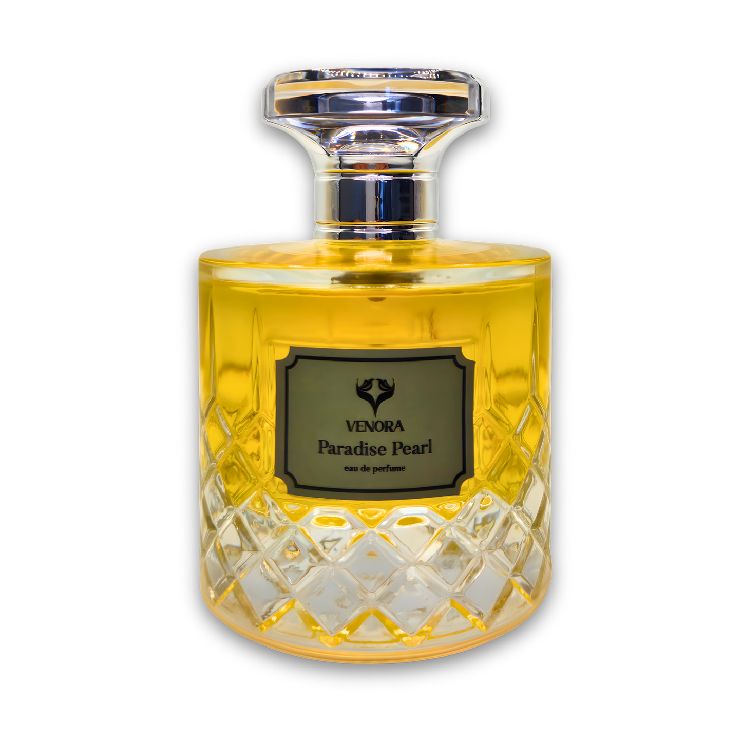 Paradise Pearl Eau de Parfum by Venora displayed in a luxury perfume bottle on a white background.