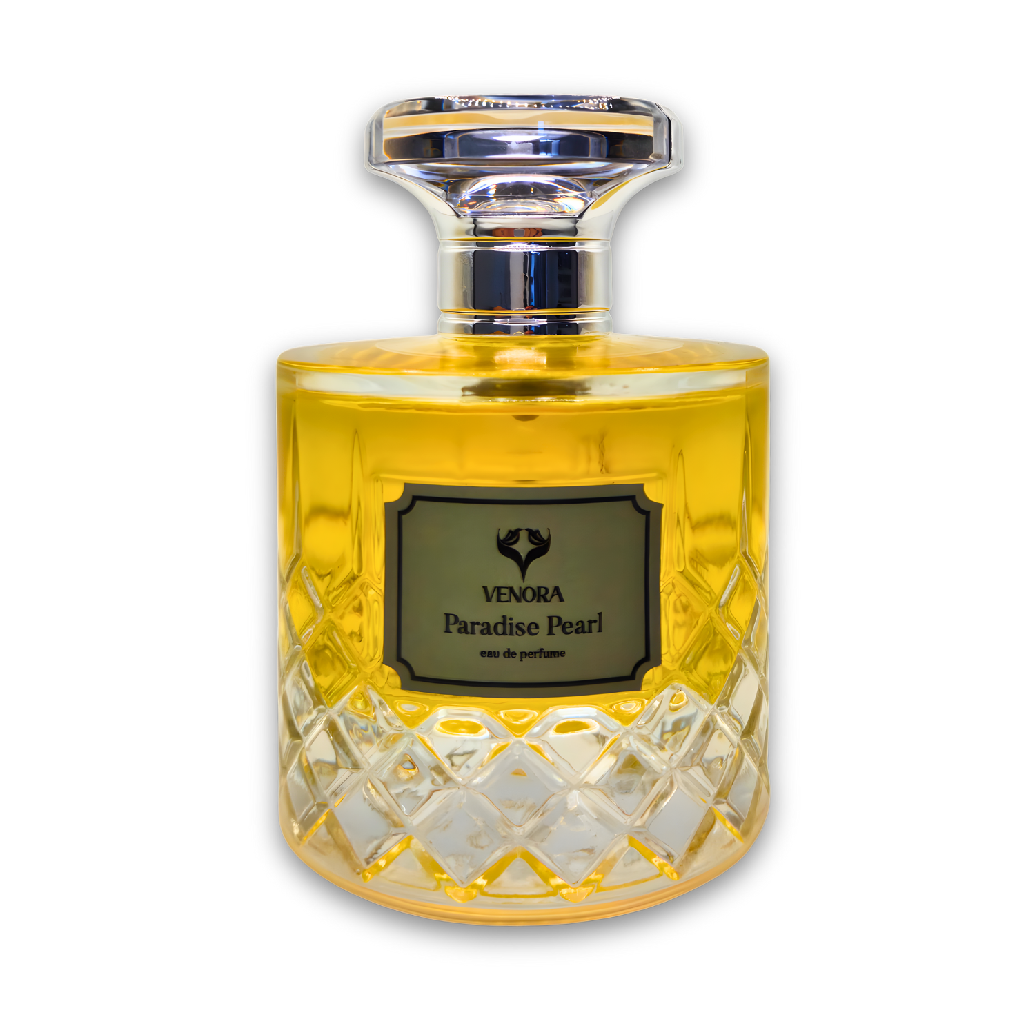 Paradise Pearl Eau de Parfum by Venora displayed in a luxury perfume bottle on a white background.
