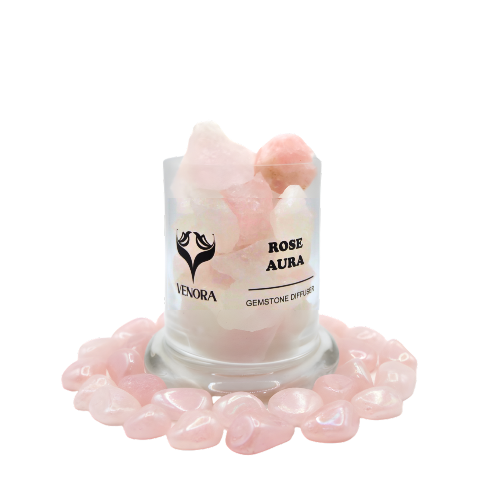 Rose Aura diffuser surrounded by polished rose aura quartz crystals arranged elegantly at the base on a clean white background.