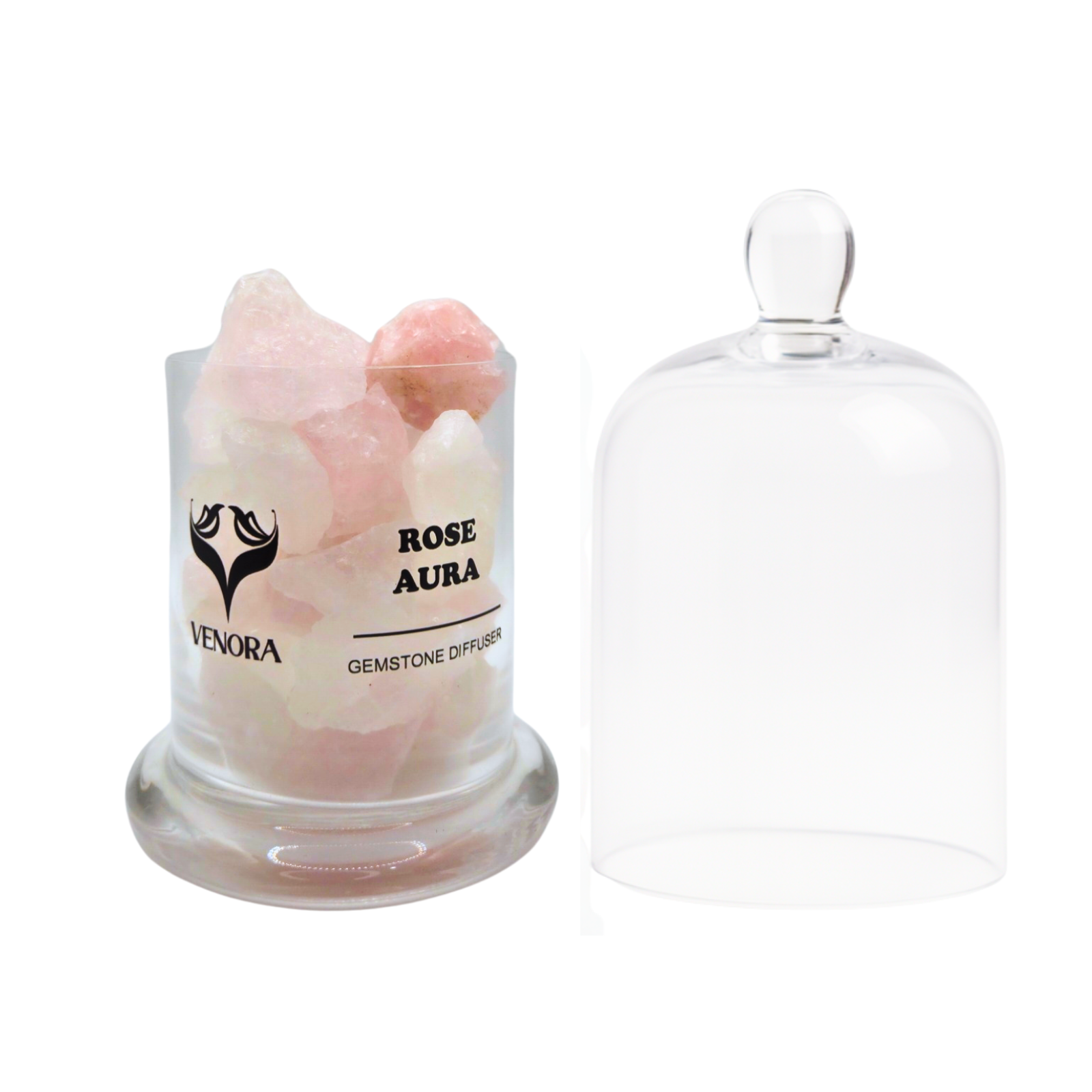 Rose Aura Gemstone Diffuser by Venora with genuine rose aura quartz crystals inside a clear glass vessel on a white background.
