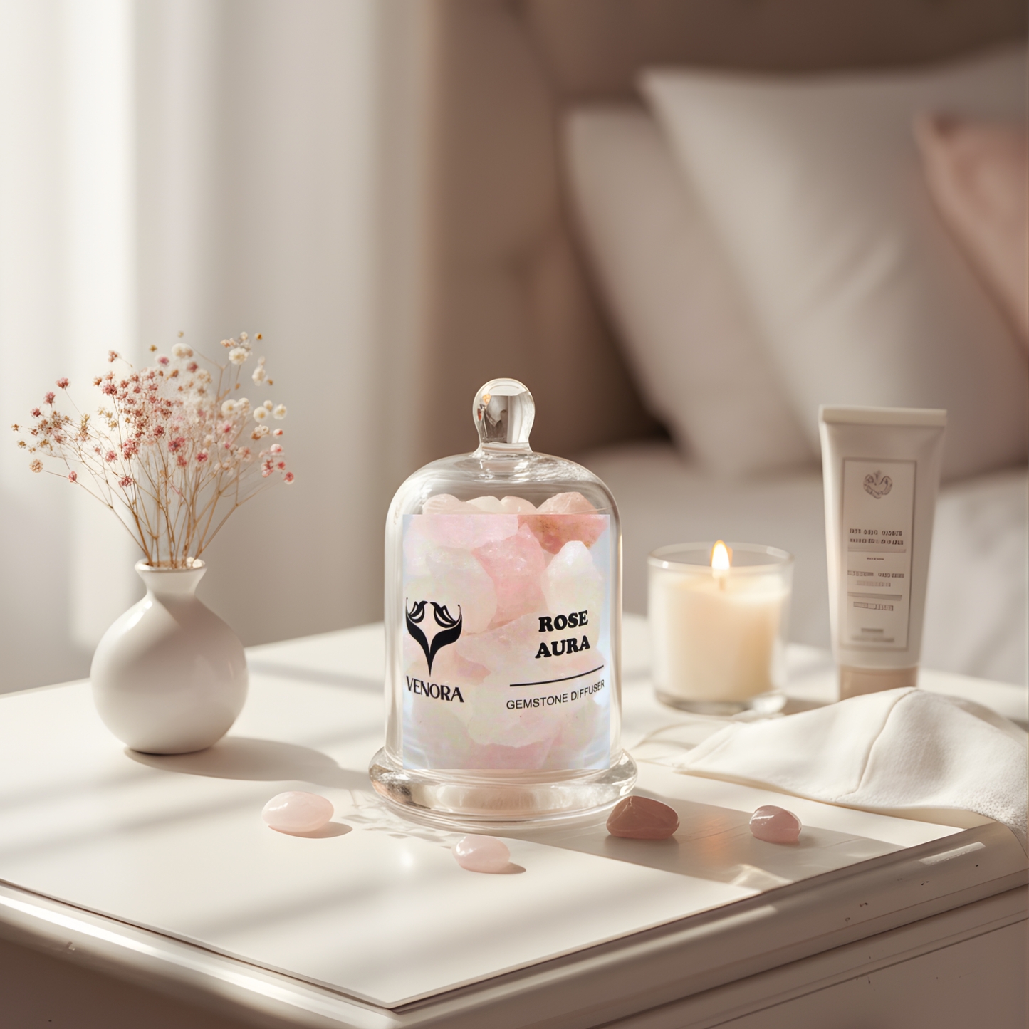 Rose Aura gemstone diffuser styled on a vanity or bedside setup with natural light and pink crystal tones visible.