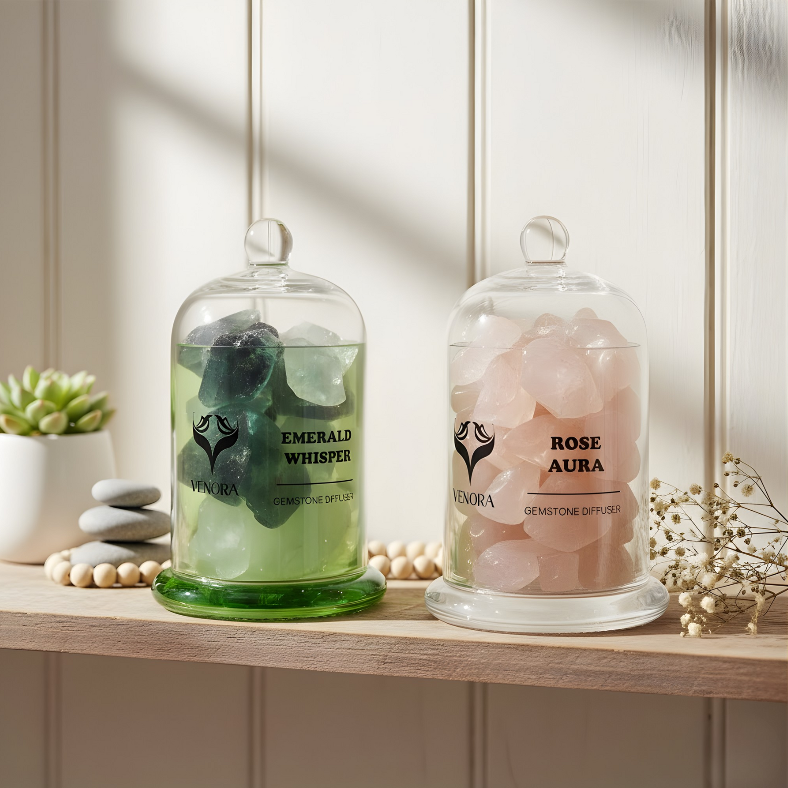 Rose Aura and Emerald diffusers styled in a peaceful home setting with soft light, natural décor, and a calming zen atmosphere.