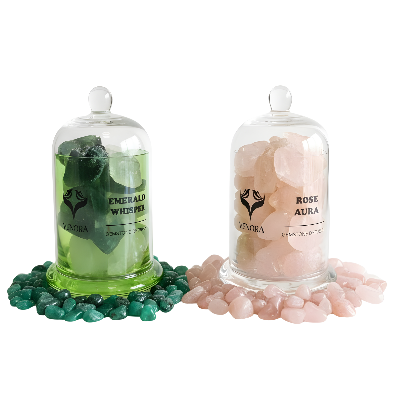 Rose Aura and Emerald gemstone diffusers surrounded by polished rose quartz and emerald crystals in an elegant composition.