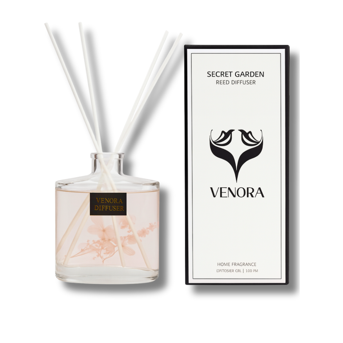 Venora Secret Garden reed diffuser with bergamot, white tea, and amber notes in a clear glass bottle with dried botanicals on white studio background.