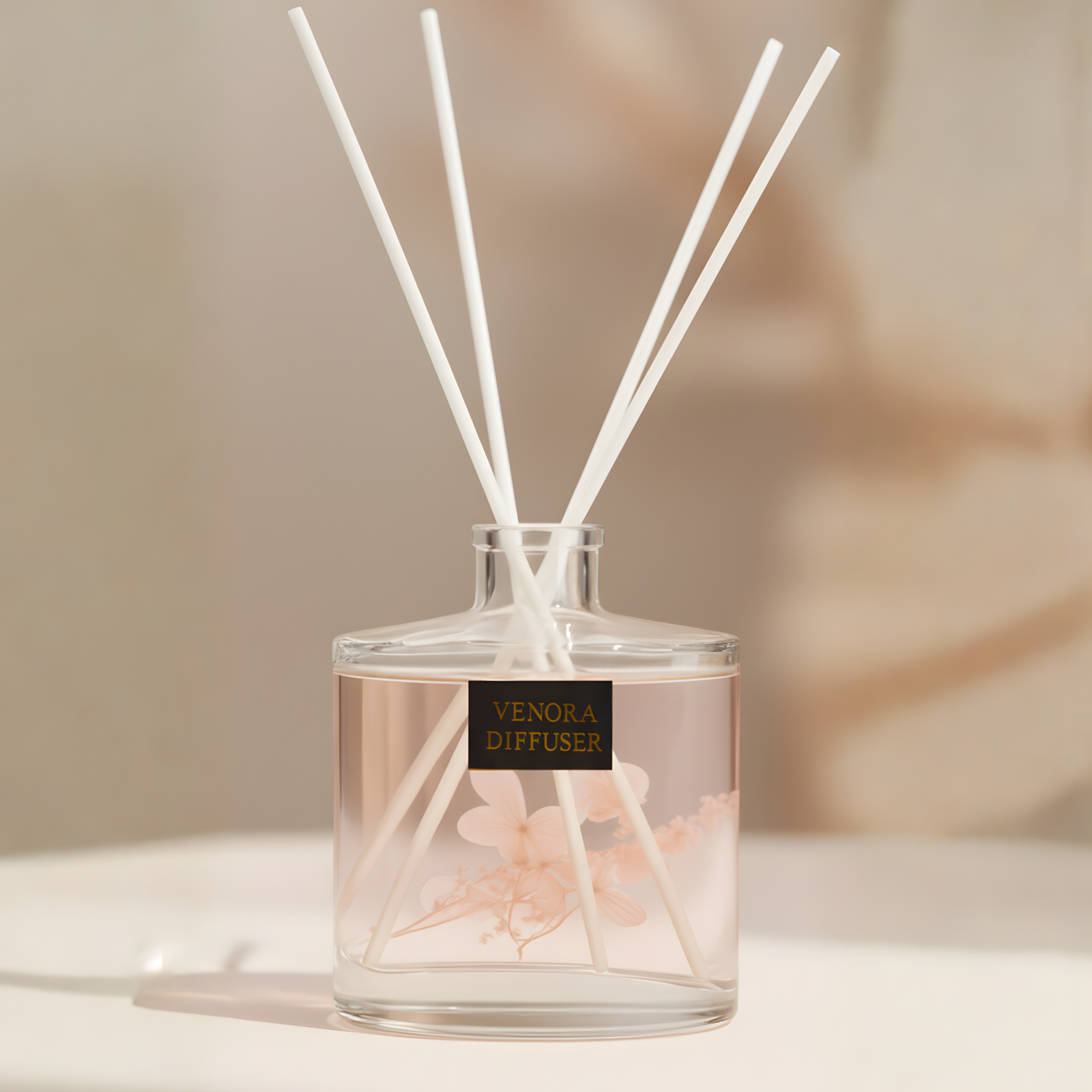 Cinematic close-up of Venora Secret Garden diffuser with reeds and dried botanical details, warm highlights, and elegant shadows.