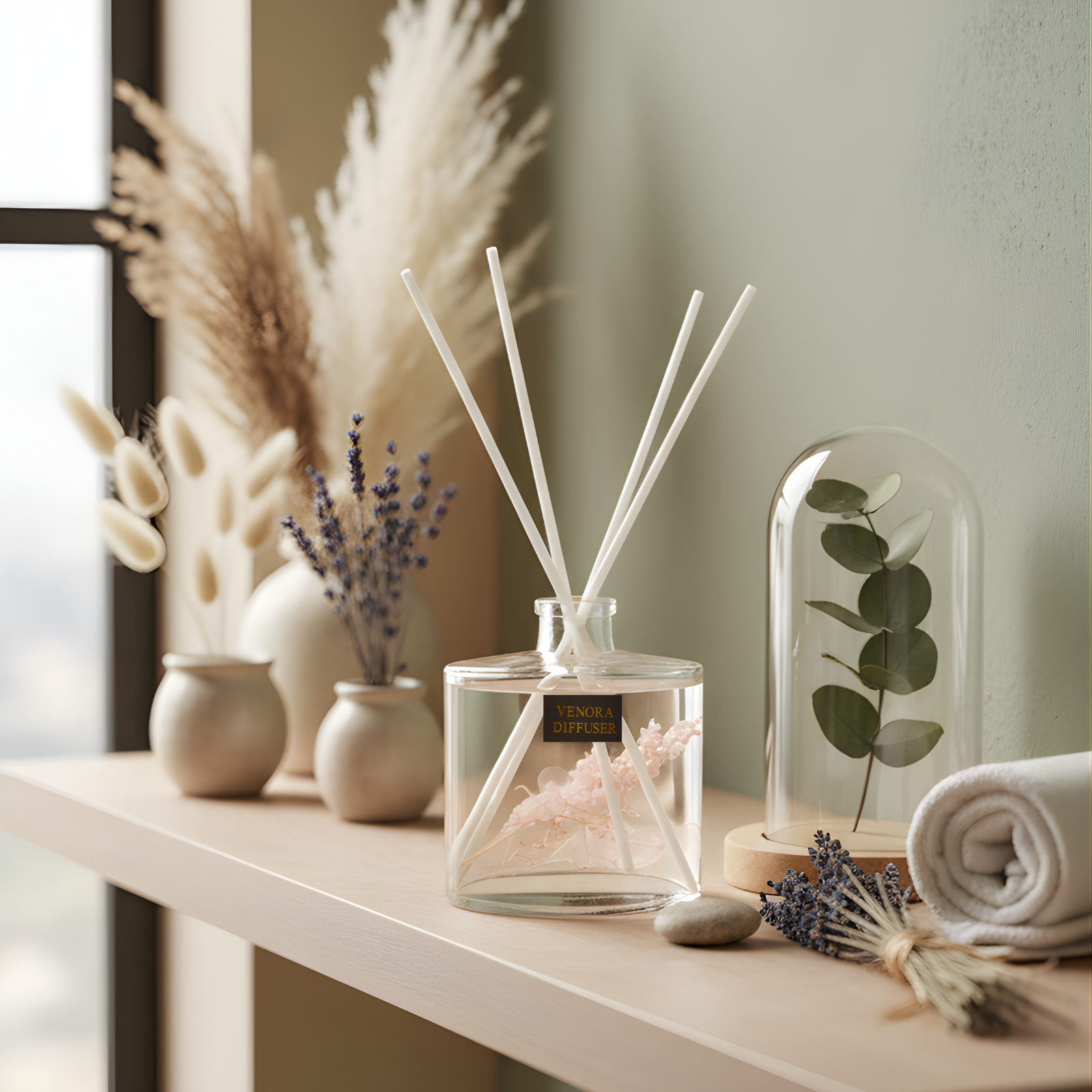 Luxury Secret Garden reed diffuser displayed in a serene interior setting with dried botanical arrangement and spa-inspired ambience.