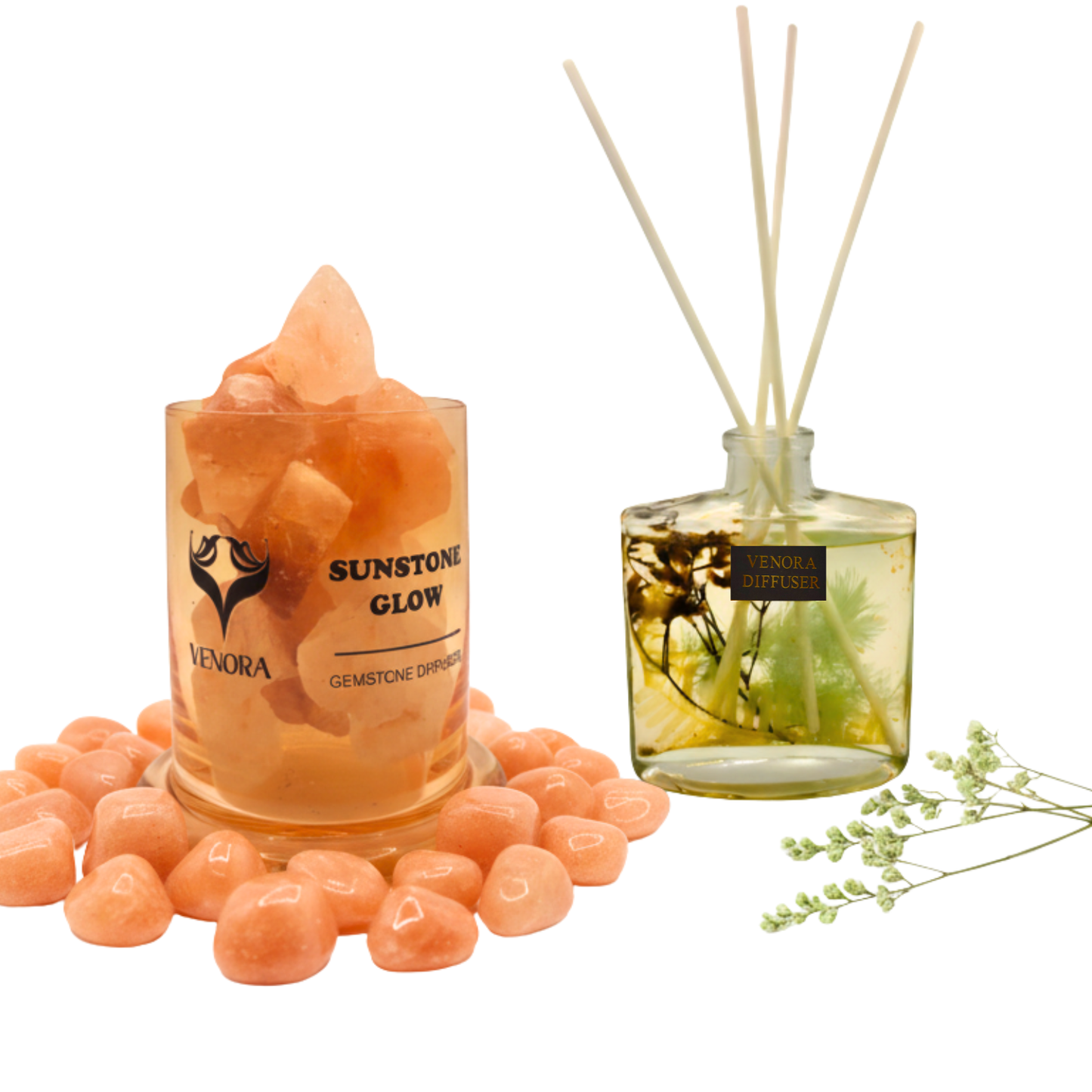 Sunstone Glow crystal diffuser and Golden Peach reed diffuser styled with sunstone crystals and dried botanicals in an elegant arrangement.