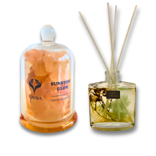Sunset Energy Gift Set featuring the Sunstone Glow gemstone diffuser and Golden Peach reed diffuser displayed together on a clean white background.
