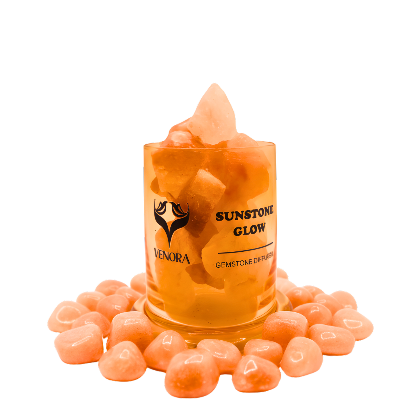 Sunstone Glow diffuser surrounded by polished sunstone crystals arranged around the base on a bright white background.”