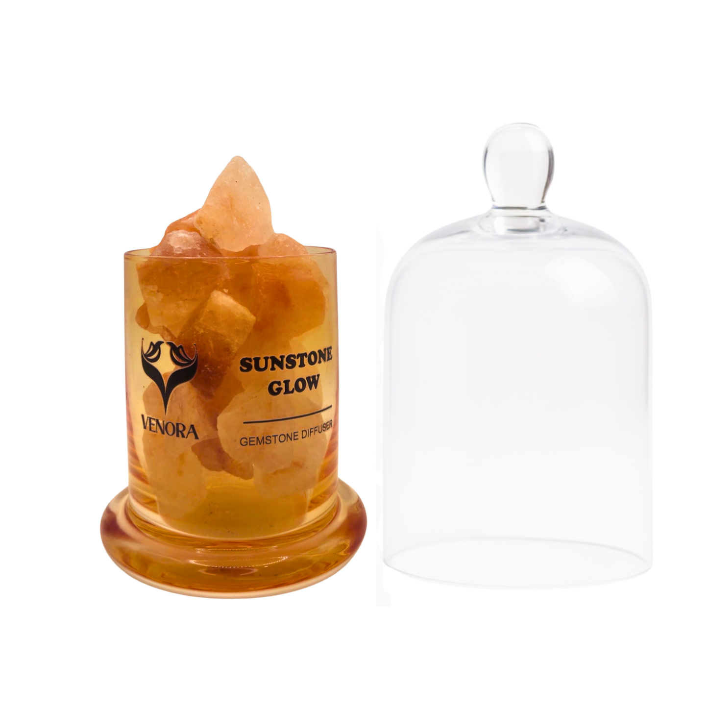 Sunstone Glow Gemstone Diffuser by Venora with genuine sunstone crystals inside a clear glass vessel on a white background.