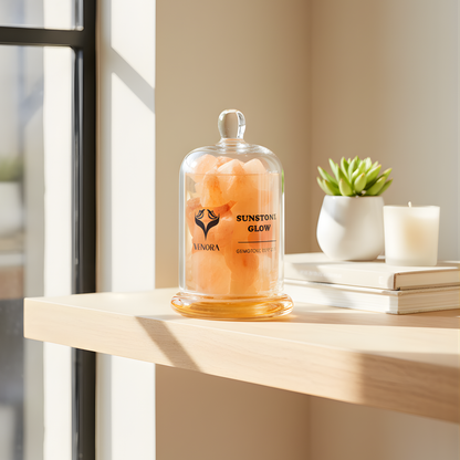 Sunstone Glow gemstone diffuser styled in a bright, uplifting home setting with natural light and sunstone crystals visible.